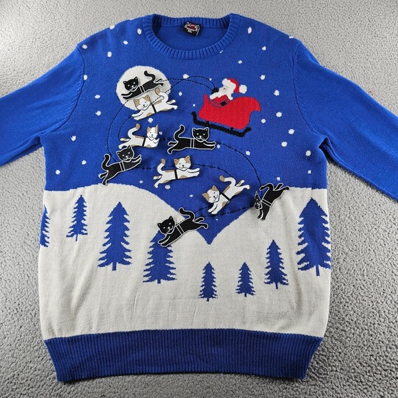 Well Worn Ugly Christmas Sweater Womens XXL Blue Santa‎ Cats Winter Holiday - Picture 3 of 15